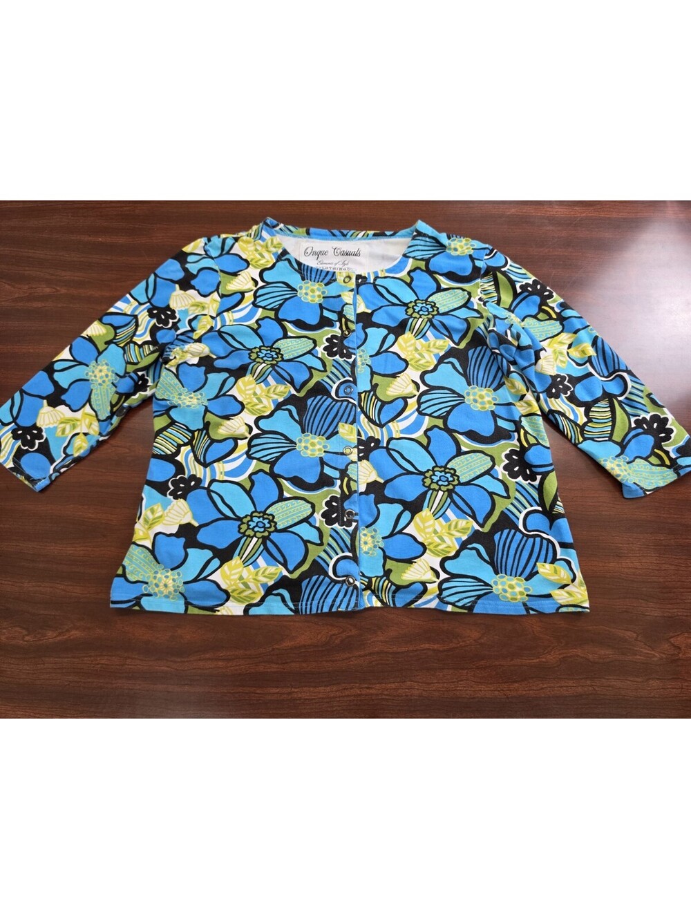 Onque Casuals XL Blue Green Floral Snap Front Cardigan Art To Wear Boho Chic